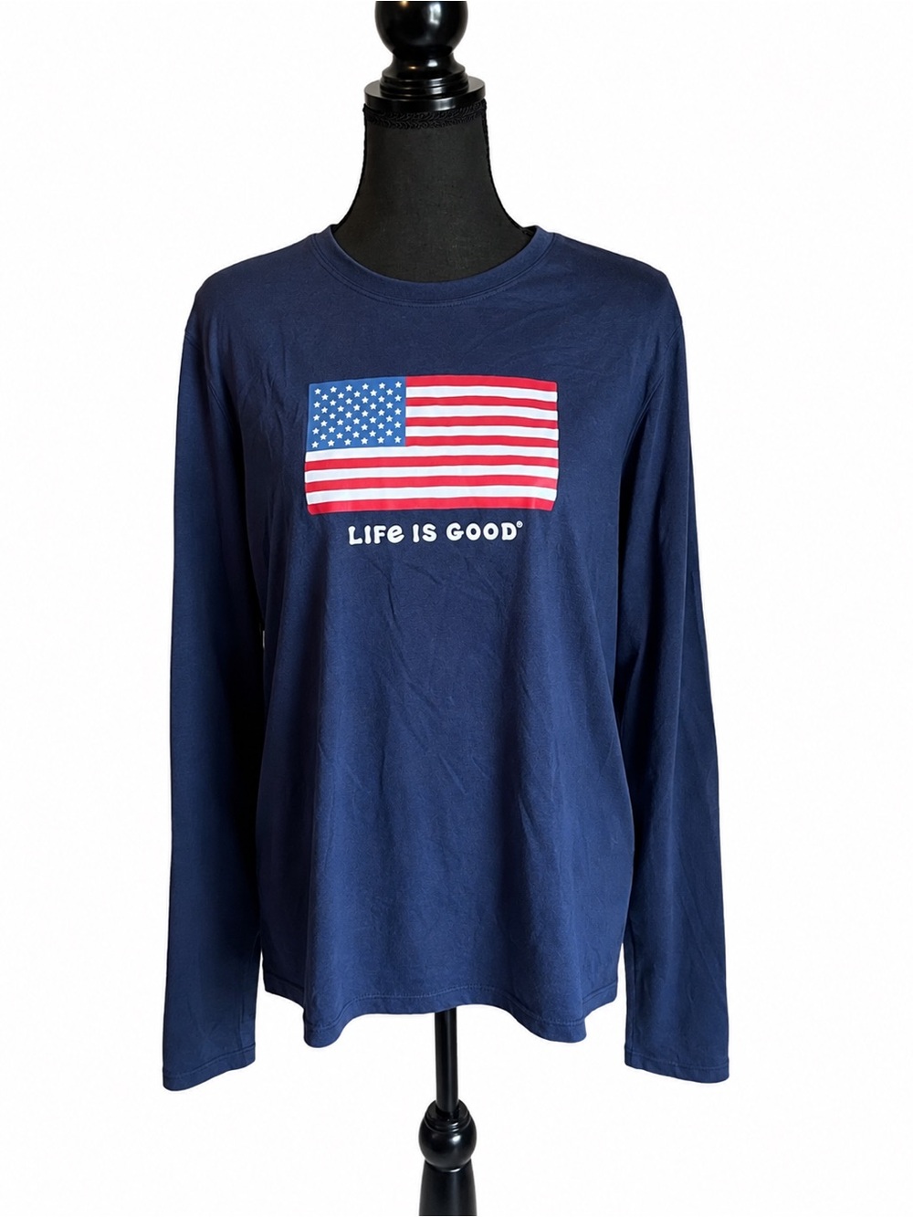 Life Is Good Navy Long Sleeve Active Tee Women’s Size Large Athleisure Americana